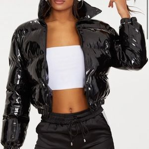 Black Cropped Vinyl Puffer Jacket
